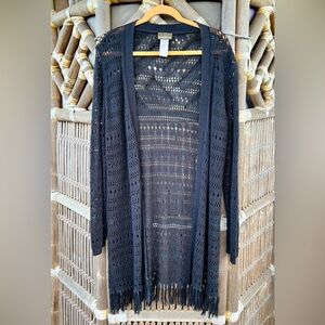 Tommy Bahama Black Linen Cotton Crocheted Cardigan With Fringe Size XL